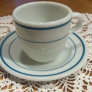 Pyrex blue stripe mug & plate